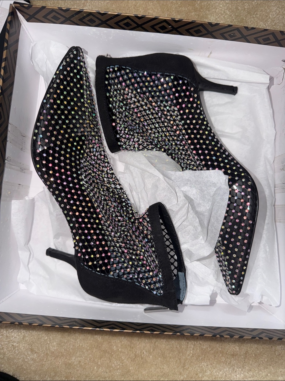 Charles David Black Pointed Heels with Iridescent Crystal Studs